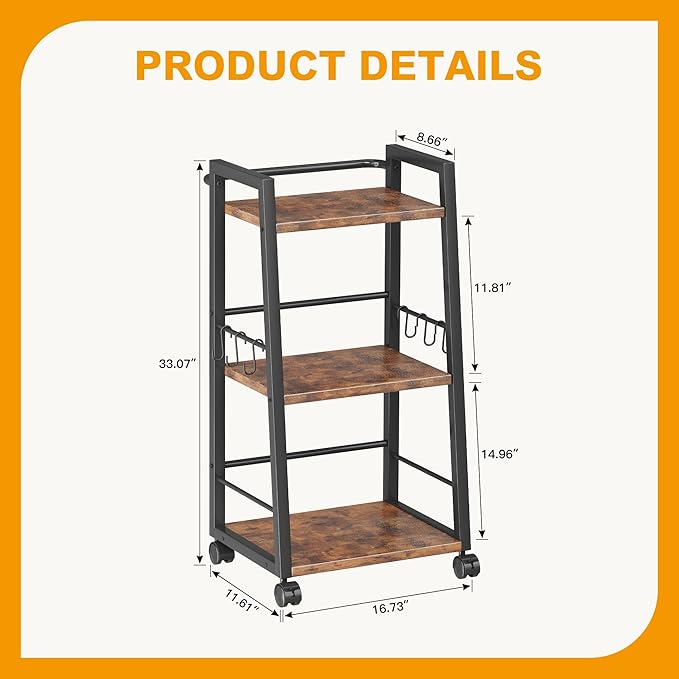 Homeiju 3 Tier Kitchen Storage Cart with Lockable Wheels & 6 Hooks, Mobile Utility Organizer Rolling Cart for Small Spaces, Bar Cart for Kitchen and Living Room, Rustic Brown