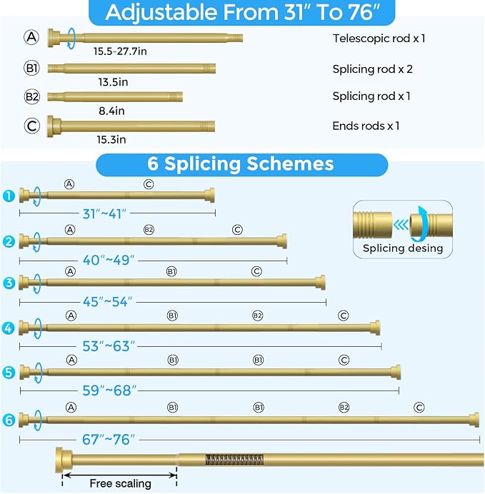 Shower Curtain Rod 31-76 Inch,7/8"Diameter Adjustable Spring Tension Curtain Rods No Drill,Warm Gold Shower Tension Rod for Bathroom,Room Divider,Window,Anti-Rust Non-Slip 1-Pack