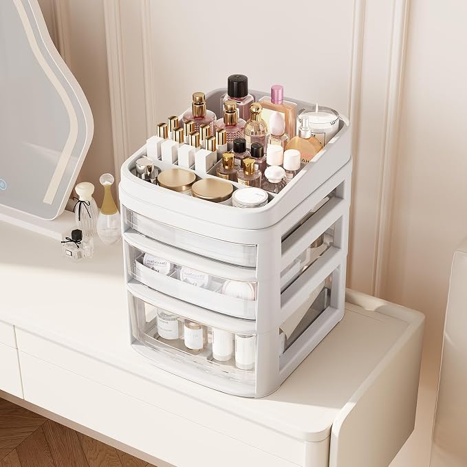 Rolling Cart with 3 Drawers, Clear Plastic Drawer Organizers, Dust Proof Under Desk Storage for Makeup, Skincare, Art Crafts and Baby Items, Acrylic Cosmetic Organizer with Dividers, Vanity Cart