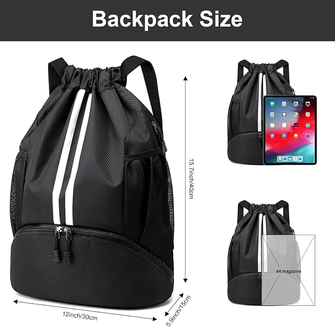 Hoedia Sports Drawstring Backpack - Swim Gym Bag for Women and Men | String Bag with Shoes Compartment and Wet Proof Pocket, Adjustable Wider Shoulder Strap, For Soccer, Basketabll, Volleyball