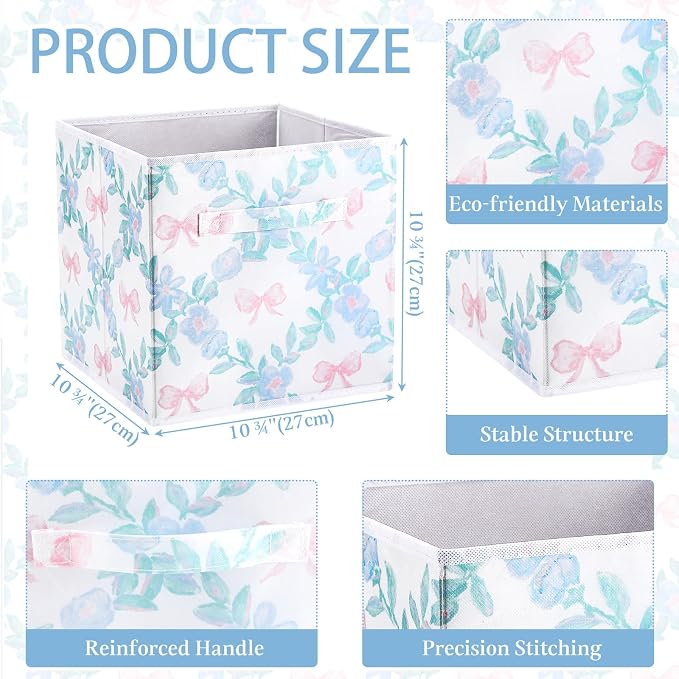 Geelin 6 Pcs Blue Floral Bow Cube Storage Bins 11 Inch Blue Flower Storage Basket with Handle, Preppy Girls Organizer Basket, Collapsible Fabric Box for Classroom Bedrooms Office Home Decoration Gift