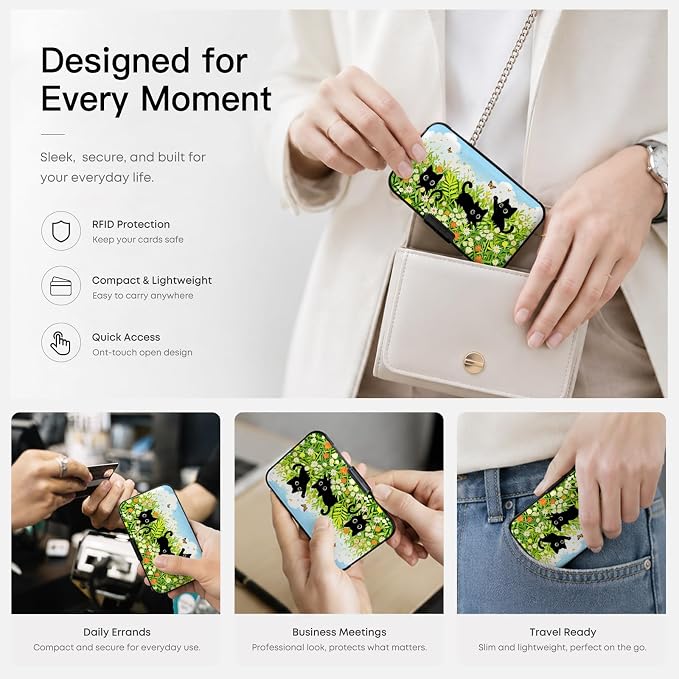 Credit Card Holder RFID Aluminum card case Flower Cats mini Wallet Women | ABS Business ID Case,Hard Case Large Capacity 6 Slots, Waterproof Durable Secure Closure Slim Small Credit Card Protector