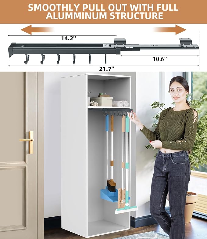 Pull Out Broom Holder With Adjustable Double Row Sliding Hook -Grey 14.17in | High Load Capacity, Multifunctional Slide Broom And Mop Storage/Garage Organization Hooks, for Closet Laundry, kitchens