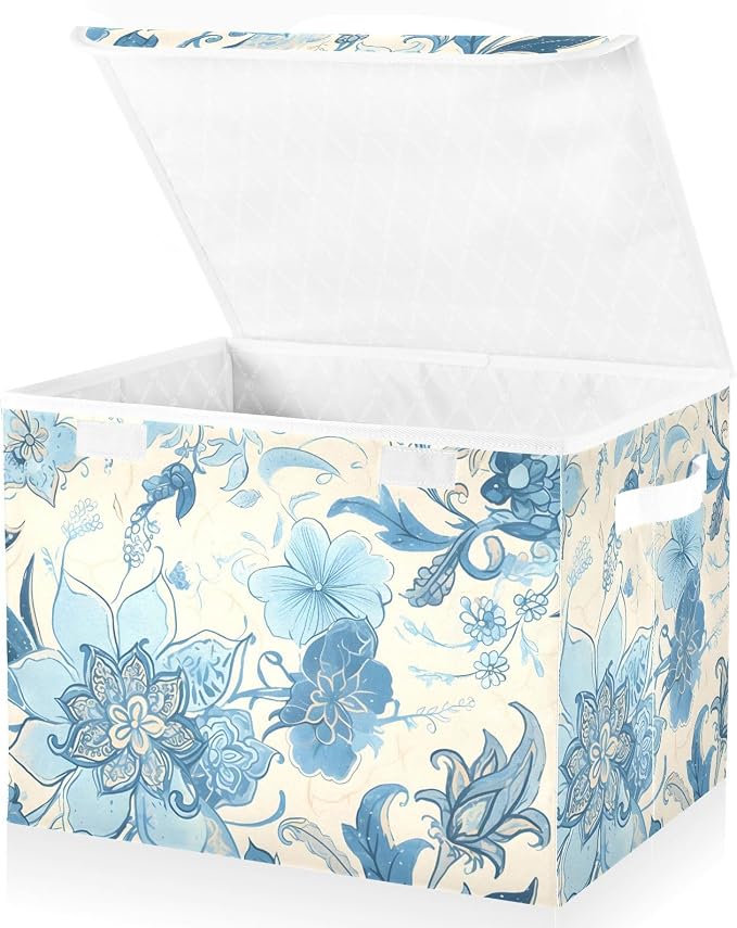 Blue Line Flowers Lidded Storage Bins with Handles - 16.5"x12.6"x11.8" Foldable Organizing Box, Oxford Fabric & Honeycomb Board, Dust-Proof Flip Lid for Closet/Office