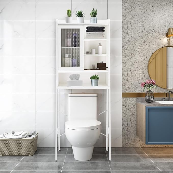 SUNTAGE Over Toilet Storage Cabinet Organizer for Bathroom, Over Toilet Shelf, Freestanding Space Saver with Adjustable Shelves, Acrylic Sliding Door, Wide Open Shelf, 2 Hooks, Classic White
