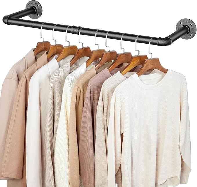 36 INCH Industrial Pipe Clothes Rack,Wall Mounted Clothes Rack,Metal | 150lbs Max Heavy Duty Clothing Rack,Powder Coating Surface,Space-Saving Hanging Rod for Laundry Room,Bedroom,Closet Storage