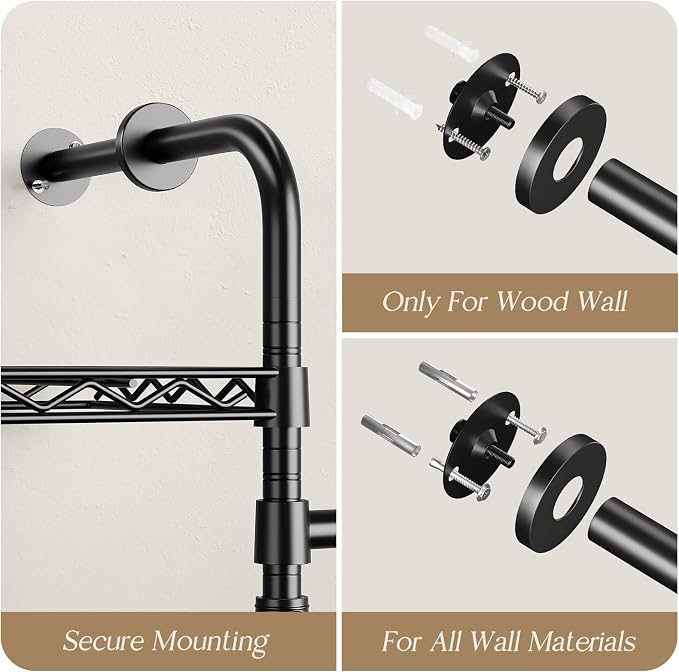 Wall Mounted Closet System, Heavy Duty 4-Row Clothes Rack, Expandable Industrial Pipe Closet Organizers and Storage with 4 Telescopic Rods, 2 Fixed Rods, 5 Hooks & 8 Shelves for Wardrobe, Bedroom