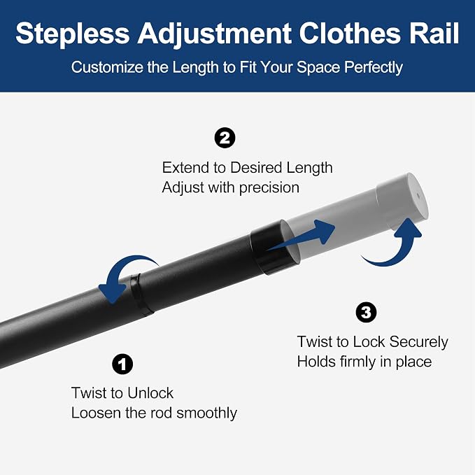Adjustable Closet Rod for Hanging Clothes, 17-69inch Heavy Duty Metal tension clothes rod，1.3Inches Closet Pole with Hardware Kit for Closet Organization Laundry Room RV, Black