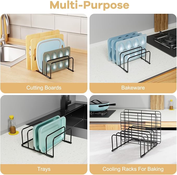 Fikoksol Cutting Board Organizer and Baking Sheet Rack, [2-Pack] Black Heavy Duty Metal Cookie Sheet Organizer for Cutting Board Storage & Plate Holder for Cabinet, Tray Dividers for Cabinets