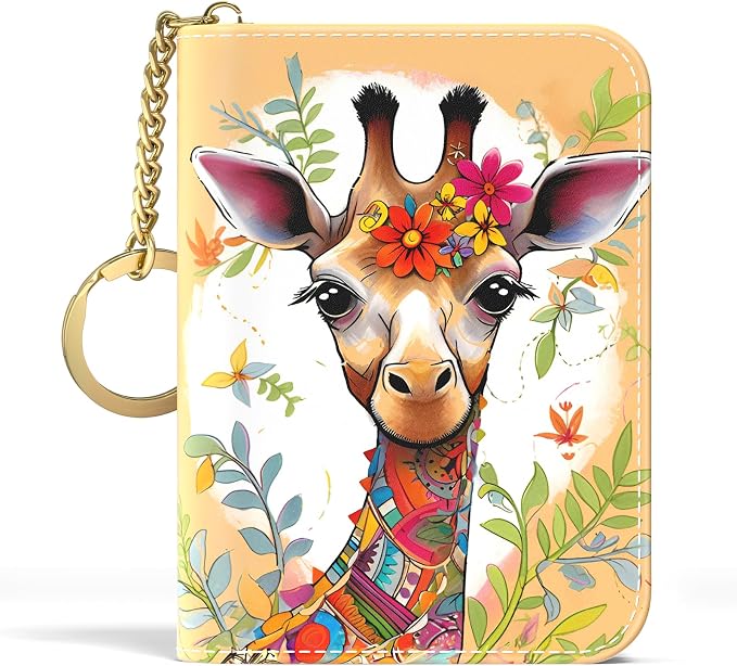 Aiawoxc Credit Card Holder, Small RFID Wallet Slim Leather Card Organizer Case with Zipper and Keychain, Cute Deer
