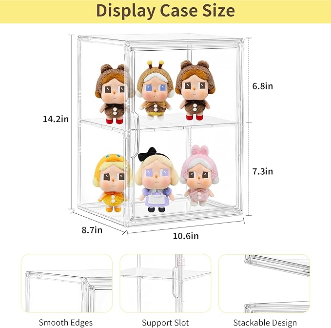 LXLXXL 2 Tier Stackable Acrylic Display Case with Magnetic Lids, 2 Pack | Clear Stackable Bins with Magnetic Lids, Clear Storage Box for Figures and Makeup, Durable Dustproof Display Case Organizer