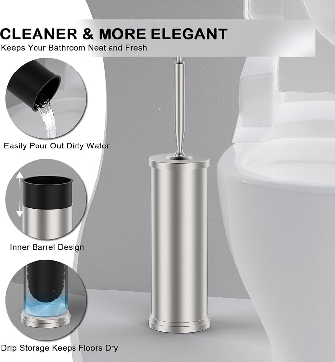 Stainless Steel Toilet Brush and Holder Set : Weighted Stable Base, Removable Inner Tube.Long Handle Toilet Bowl Brush Splash-Proof Design for Deep Cleaning & Space-Saving Storage,Nickel