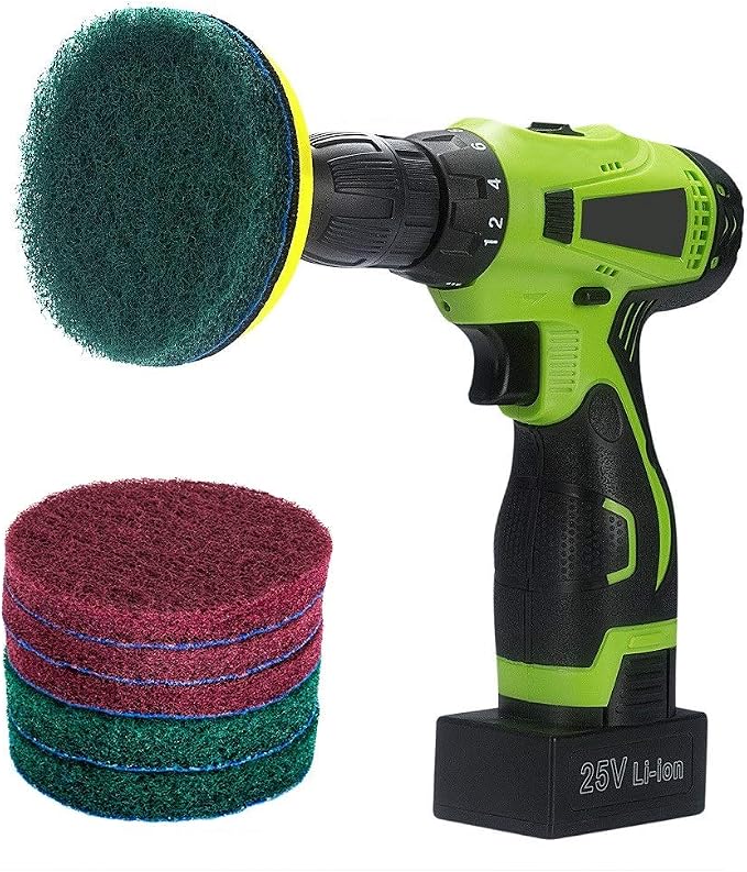 4 Inch Drill Powered Brush Tile Scrubber Scouring Pads Cleaning Kit | Pad Holder and Metal Shaft Included
