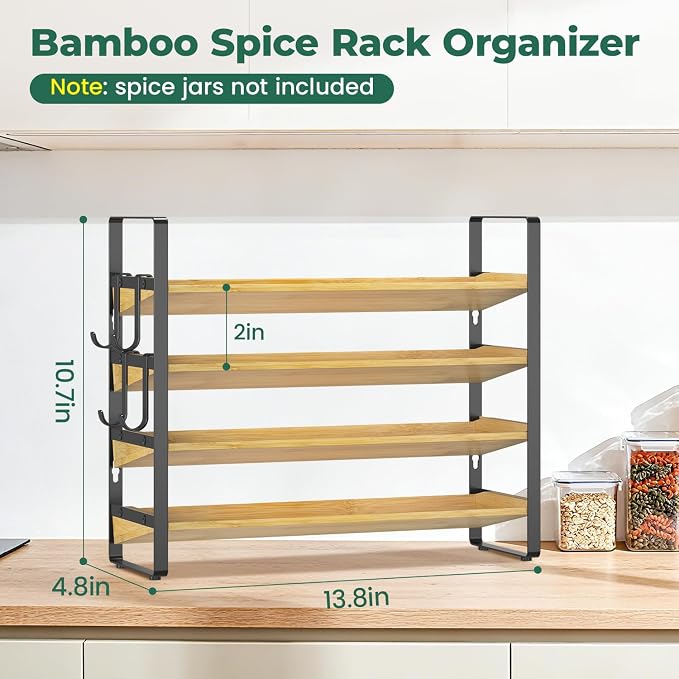 EsLuker.ly Spice Seasoning Rack Organizer Kitchen Countertop, 4 Tier Bamboo Spice Shelf Holder Storage with 4 Hooks, Wall Mounted Freestanding Stand for Pantry, Quick Spice Access(Jars Not Included)