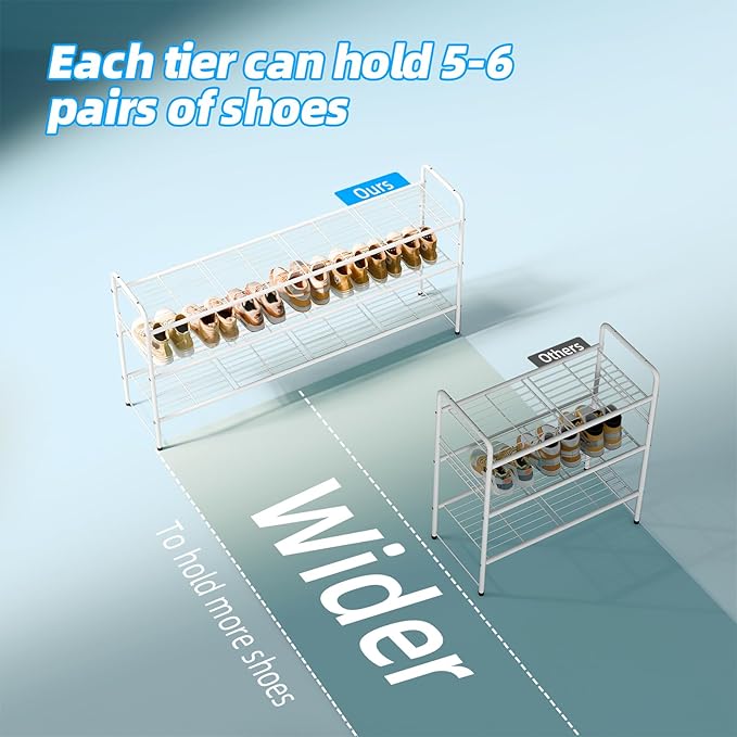 3 Tier Shoe Rack for Closet, 44 Inch Extra Long Shoe Storage Organizer for Shelves, Heavy Duty Metal, Easy Assembly, White