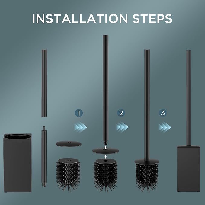 FORIOUS Toilet Cleaner Brush, 2 Toilet Bowl Brush Head Square Short Black | Heavy Duty 304 Stainless Steel Base, Silicone and Plastic Brush Heads, 360° Deep Cleaning, Drip-Proof, Splash-Proof Design