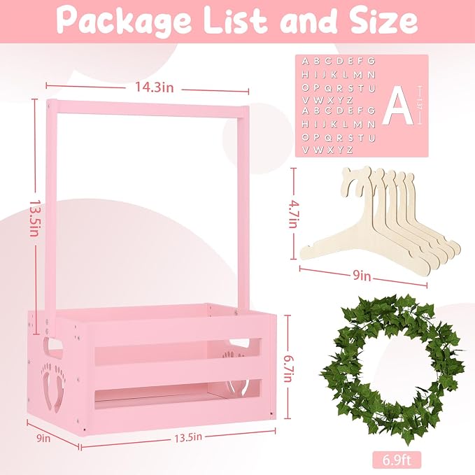 Baby Shower Gifts Basket Wooden Crate, Personalized Wooden Letters and Clothes Hangers New Born Baby Girl Boy Gifts Vine Decorations Cute Closet with Handle Pregnancy Gifts for New Mom Parents Pink