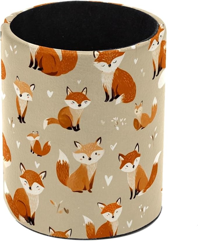 Faux Leather Pen Holder for Desk, Pencil Organizer Cute Fox Pen Cup Desk Decor Makeup Brush Holder Storage for Office Home