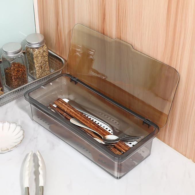 Cabilock 3 Pack Silverware Organizer with Lid, Cutlery Tray Utensil Holder for Kitchen Drawer, Dustproof Flatware Storage Box with Drainer for RV Camping, Black
