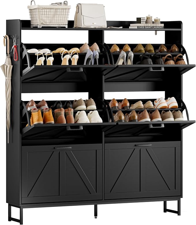 Wodeer Shoe Cabinet Storage for Entryway, Shoe Storage Cabinet with 6 Flip Drawers, Freestanding Narrow Shoe Rack Organizer with Metal Legs, Adjustable Shelves & Open Storage for Foyer, Hallway, Black