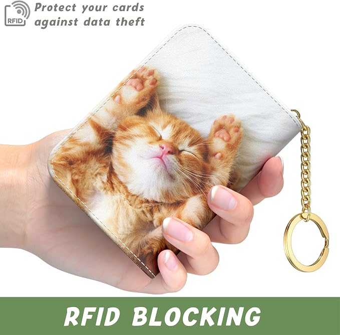 Aiawoxc Credit Card Holder for Women, Small RFID Wallet Slim Leather Card Organizer Case with Zipper and Keychain, Cute Cat