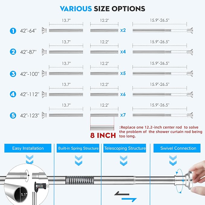 Outdoor Tension Rods No Drilling Curtain Patio Shower Bathroom Curtain Rod Windows Heavy Duty 40-100 Inch Silver Adjustable 1.1 Inch Diameter Thick Spring No Rust
