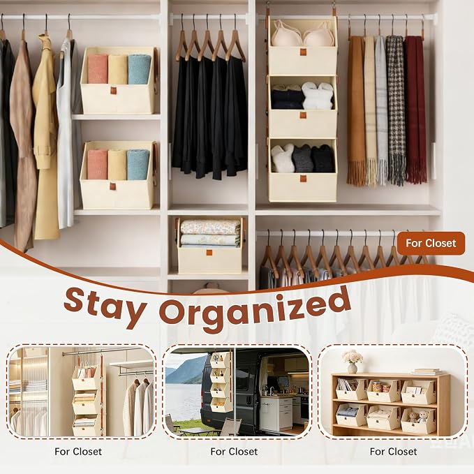 4 Tier Hanging Closet Organizer,Stackable Hanging Clothes Shelves,Space-Saving Closet System with Metal Hook,Fabric Collapsible Storage Baskets for Rv,Home,Homestay,Dorm(Beige)