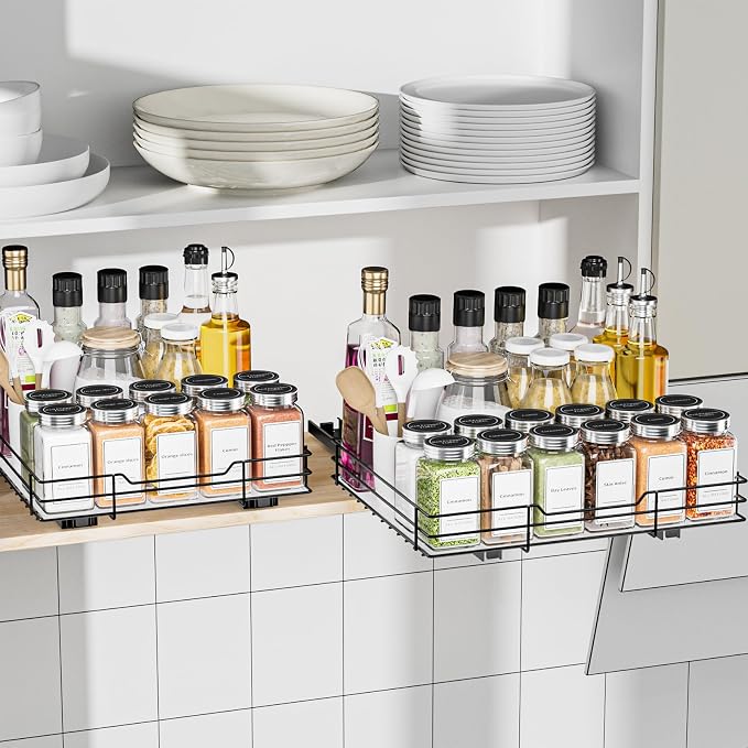 BOIVSHI Spice Rack Organizer for Cabinet, 1 Tier Pull Out Spice Rack, Spice Organizer for Cabinet, Kitchen and Pantry, Fits Spices, Sauces, Canned Food (12.5''Wx10.5''Dx2.5''H)