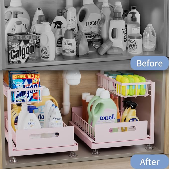 Saydear Under Sink Organizer Storage 2-Tier Premium Metal Pull-Out Kitchen Cabinet Organizer with Sliding Drawer, Height Adjustable, Heavy Duty for Kitchen & Bathroom Organizers 1 Pack Pink