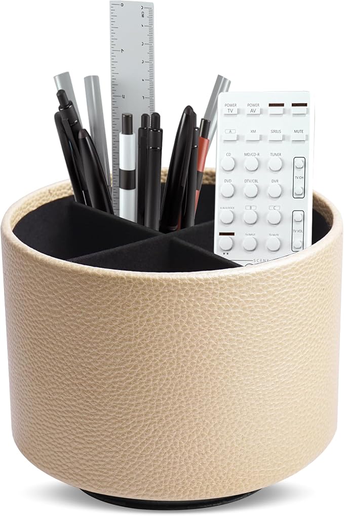 Round Leather Art Supply Organizer,Remote Control Holder,360 Degree Spinning,Multi-Functional Pencil Holder,4 Compartments Desktop Stationary Organizer(1-Lichee Gold)