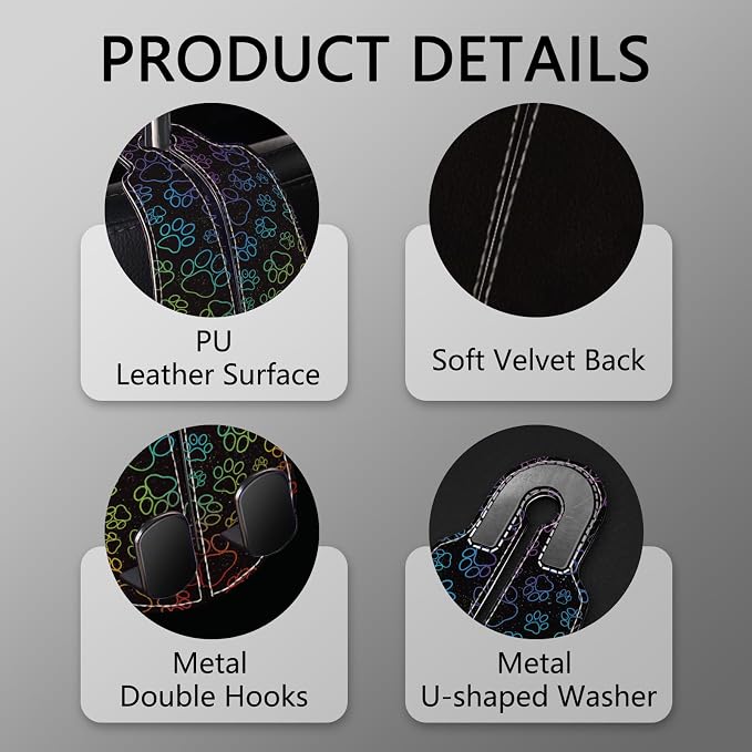 Blusabaca 2PCS Car Seat Headrest Hooks, Purses Bags Holder, Dog Paw | PU Leather, Double Metal Back Storage Hangers for Grocery Bags Handbags Bottles Coats Phones, Car Accessories Organization