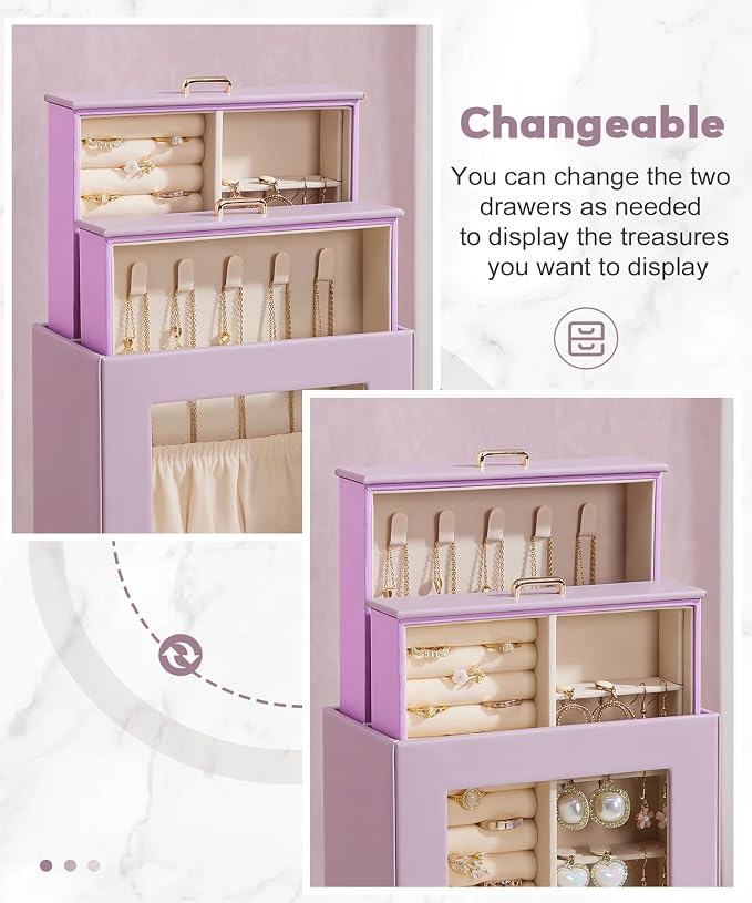 Homde Display Jewelry Box for Girls: Starter Organizer with Clear Window | Vertical Drawers for Earrings Rings Necklaces - Compact Footprint Fits Small Vanities - Birthday&Graduation Gift for Teens