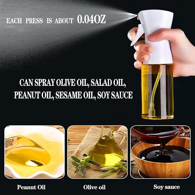 Oil Sprayer for Cooking -200ml Glass Olive Oil Sprayer, Cooking Sprayer, Kitchen Gadgets for Air Fryer, Canola Oil Spritzer, Widely Used for Salad Making, Baking, Frying, BBQ (White)