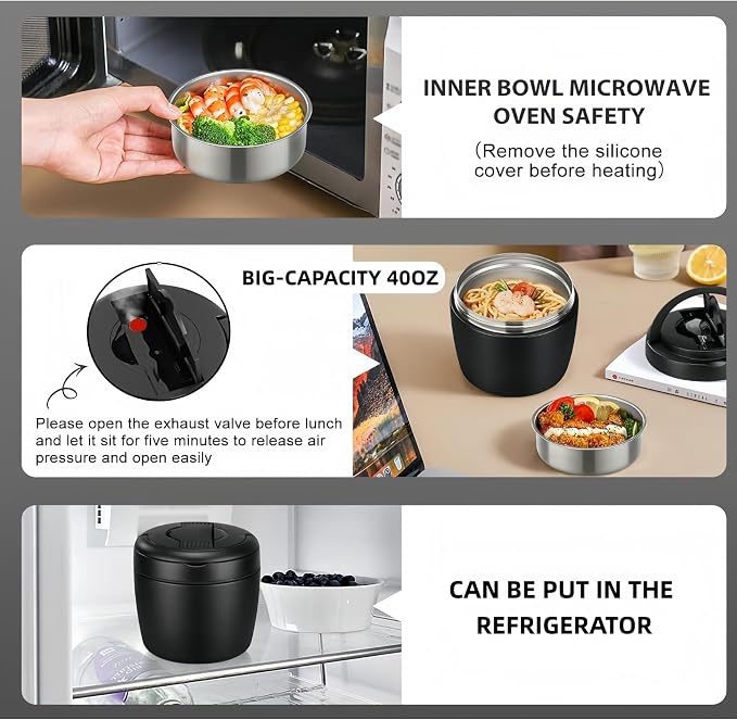 40oz Insulated Lunch Container with Thermal Bag & Folding Spoon – Stainless Steel Leak Proof Food Jar, Large Capacity Bento Box for Hot Food, Thermos for Adults Office Work