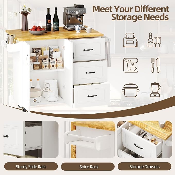 4 EVER WINNER 43" Modern Farmhouse Kitchen Island Cart with Drop Leaf, 3 Drawers, Adjustable Shelf, Spice Rack & Towel Rack, Rolling Kitchen Island for Small Kitchen & Dining Room, White
