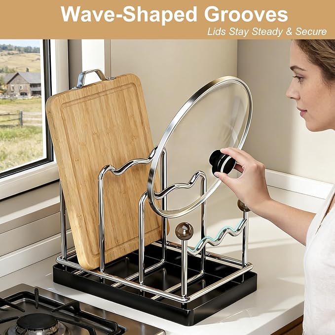 Pot Lid Organizer Cutting Board Holder with Removable Tray -Black | 3-Slot Kitchen Pot Lid Storage Rack Chopping Board Holder for Countertop, 8.2 x 5.1 x 7.2 in