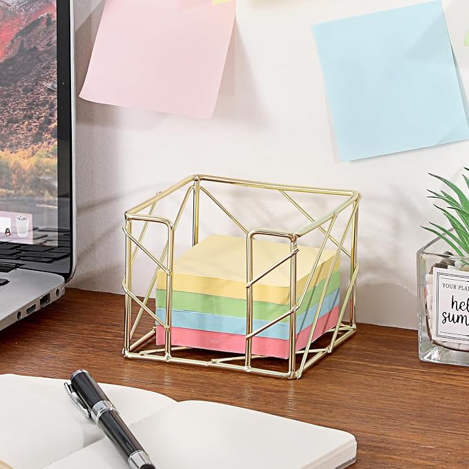 BTSKY Metal Sticky Note Holder, 3x3 Inch Post It Note Dispenser, Modern Memo Cube Holder Desk Organizer for Office & Home, Iron Sturdy Desktop Sticky Note Storage, Gold