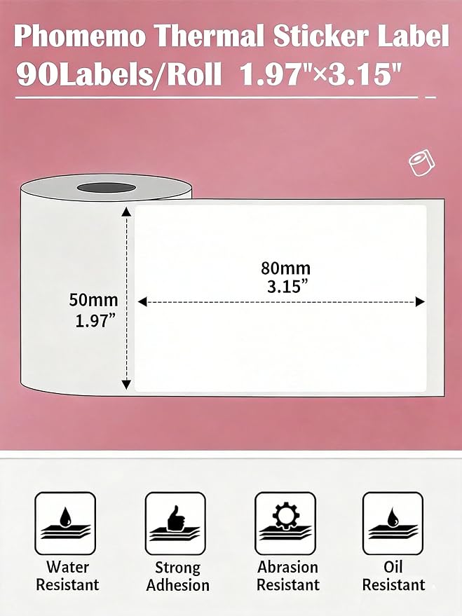 Phomemo Thermal Labels- Sticker Label for M110/M221/M220/M120/M200 Label Printer,1.97"x3.15"(50x80mm),100 Labels/Roll, Black on White | 50×80mm Waterproof Thermal Stickers Labels, 1 Roll, Use for Barcode, Logo,Listing, Business, Home,Organization, Offi...