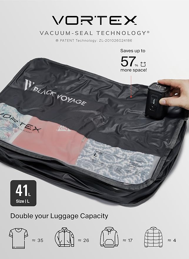 Black Voyage Reusable Vacuum Compression Travel Bag for Carry-On Suitcase and Backpack, Recycled IP67 Waterproof Space Saver Vacpack (1-Pack, 41L - Pump Included)