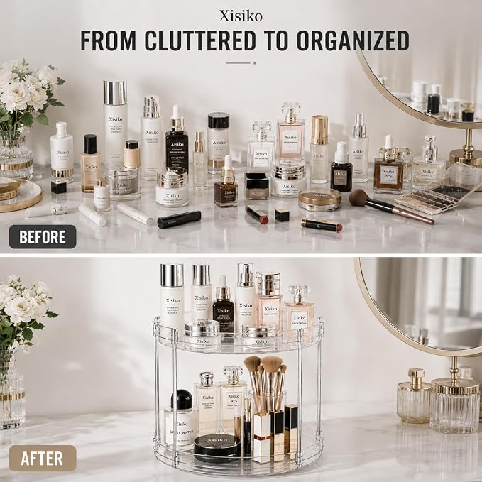 360° Rotating Bathroom Counter Organizer, 2 Tier Clear Makeup Organizer Vanity Storage for Skincare Perfume Cosmetics, Lazy Susan Spinning Storage for Bathroom Vanity Kitchen