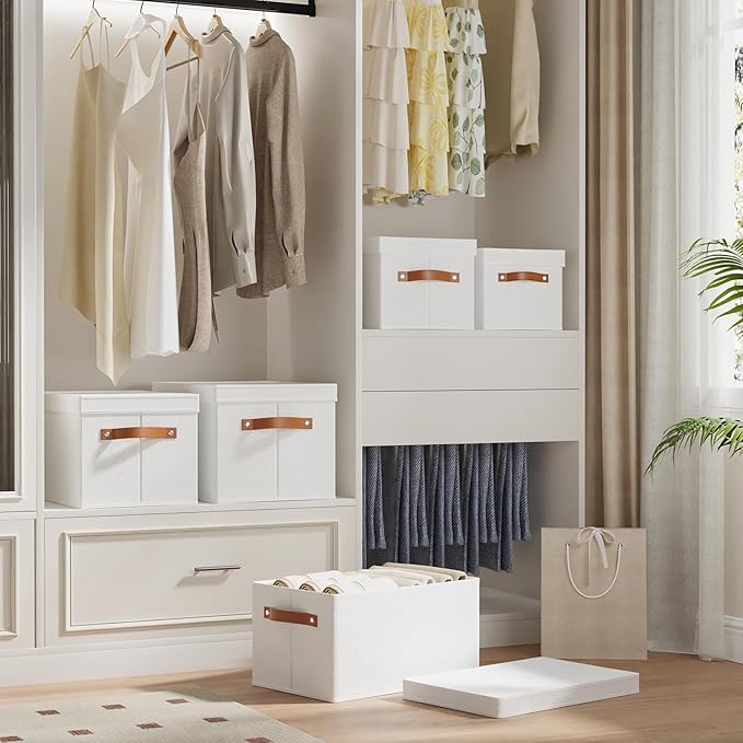 Fabric Storage Bins with Lids, 15 x 9.8 x 8.3 Inch Storage Boxes for Shelves Wardrobe Bedroom, Closet Organizers with Handles, White, 3-Pack