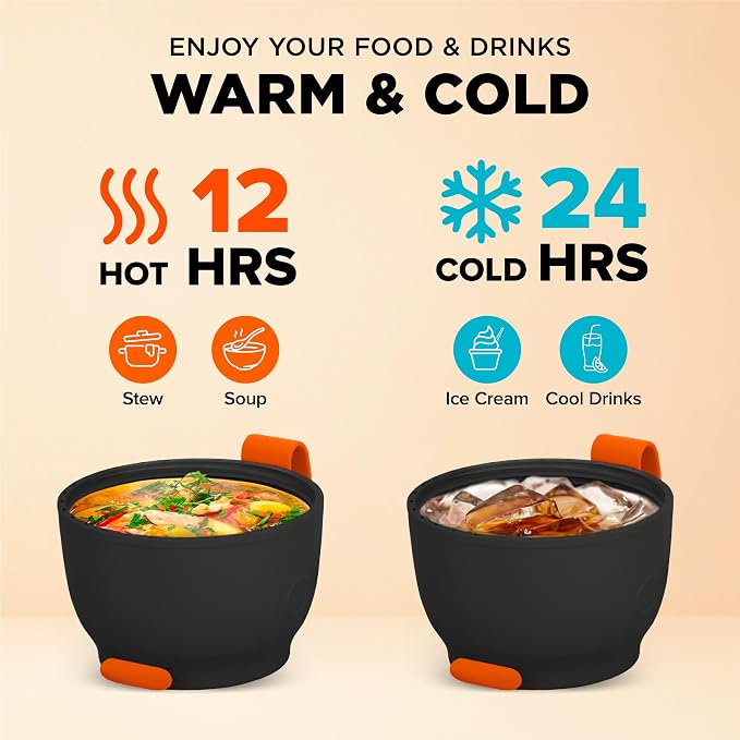 Vacuum Insulated Food Jar. Large 24oz Bowl incl. Folding Spoon, Cup. Wide Mouth Keep Hot & Cold Drinks Soup Lunch Container for Adults. BPA-Free Stainless Steel, Leak Proof Black Matte