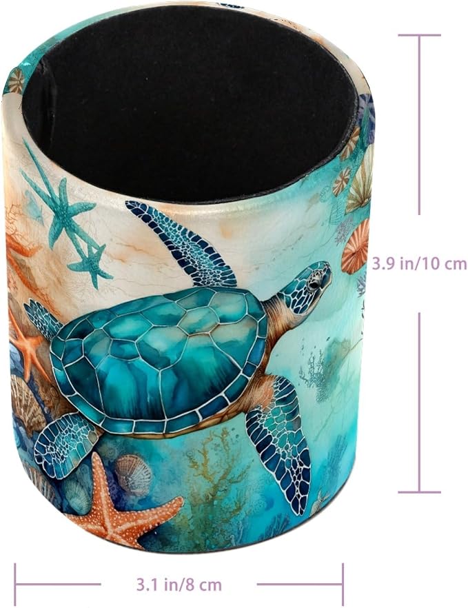 Ocean Turtles and Starfish Pen Holder Pencil Organizer for Desk, 3.1”x 3.1”x3.9” Pencil Cup Office Supplies, Large Capacity Cute Pen and Makeup Brush Holder for School, Desktop