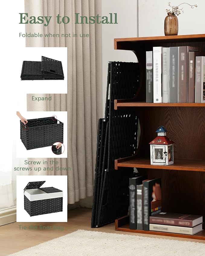 SETVSON Storage Basket with Lid Rattan Storage Basket with 2 Separate Lid, 27.8 Gallon (105 L) 25.2 * 15.4 * 16.1 Inches Woven Wicker Baskets with 2 Liners and Handles for Bedroom Laundry Black