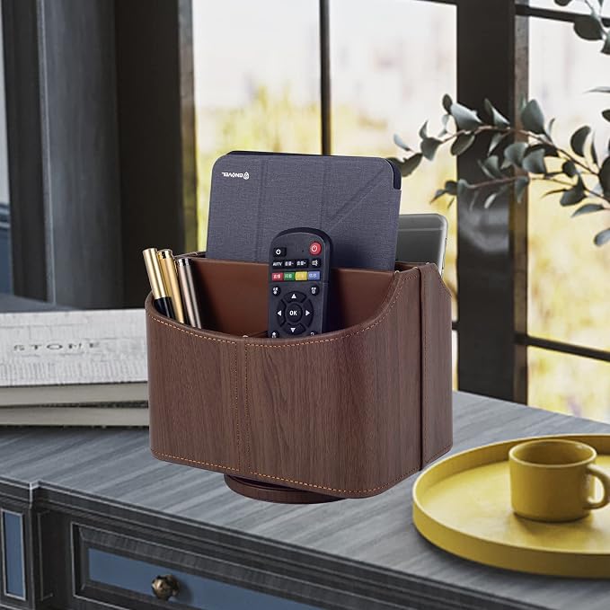 Brown 360 Degree Swiveling TV Remote Control Holder/Caddy, Leather Desk Organizer for Office and Home Furniture Decoration Storage Box(Dark wood grain)