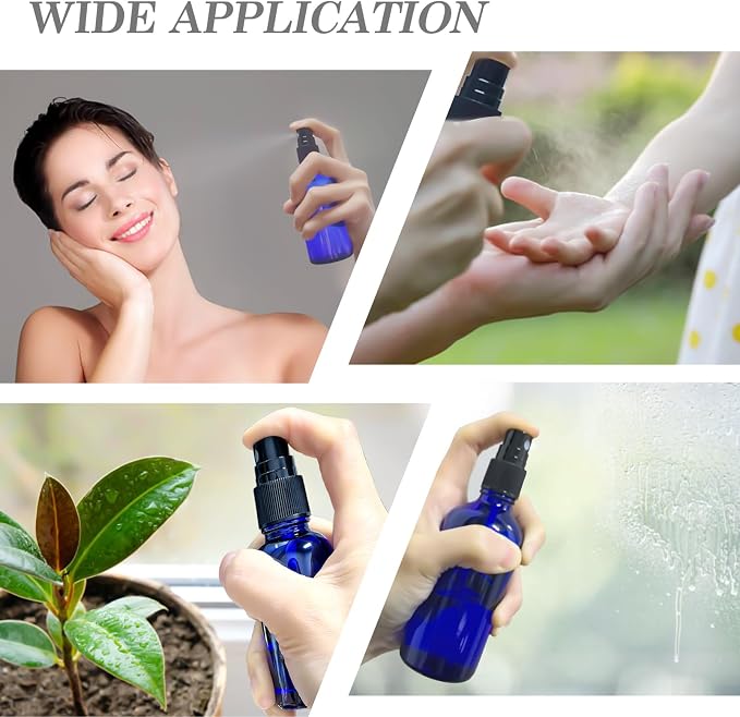 3.4 oz Glass Blue Spray Bottles,Small Empty Fine Mist Refillable Travel Spray Bottle for Cleaning,Perfume,Aromatherapy,Cosmetic Sprays,Hair,Essential Oils with Fine Mist Dispenser（6 Pack）