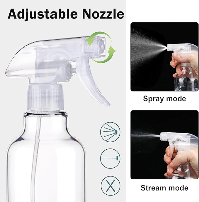 3 Pack Plastic Spray Bottles Empty 10oz/300ml | Heavy Duty Mist/Stream Refillable Bottle for Cleaning Solutions, Essential Oils, Hair
