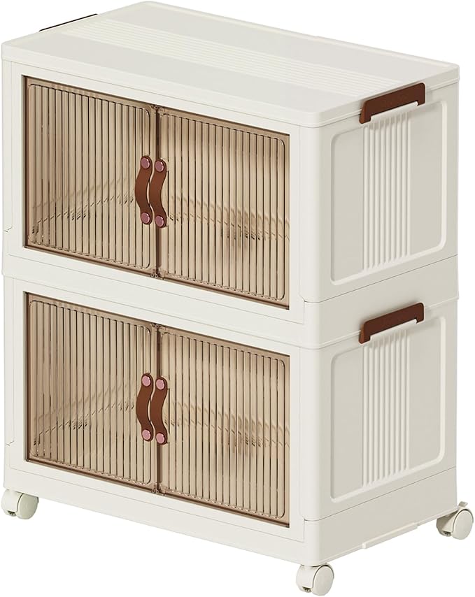 Collapsible Stackable Storage Bins with Lids, 81QT/20Gal Large Foldable Storage Plastic Cabinet with wheels, 2/3/4/5-Pack Space Saving Bins for Home Garage Pantry Organization M White 2T