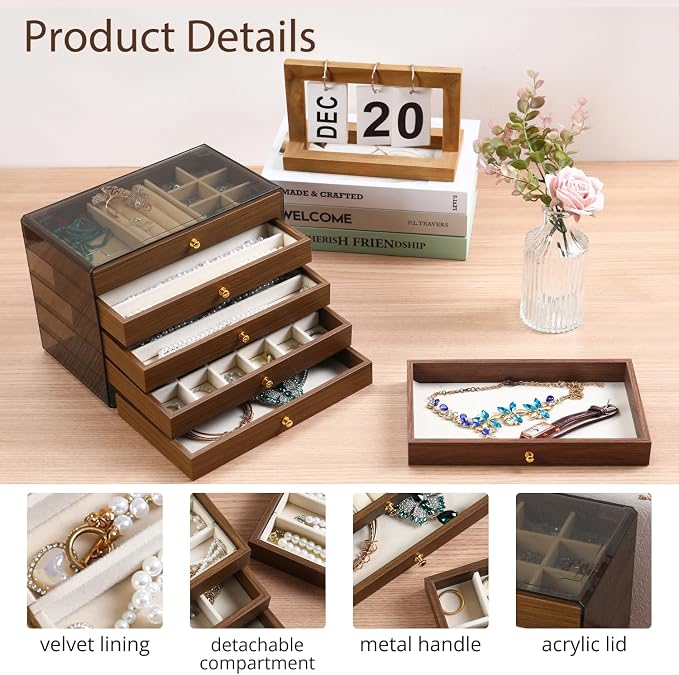 CLUQMEIK 5 Layer Large Wooden Jewelry Box with Acrylic Lid and Wooden Drawers, Stackable Jewelry Organizers and Storage Box for Women and Girls to Storing Rings Earrings Necklaces Bracelets
