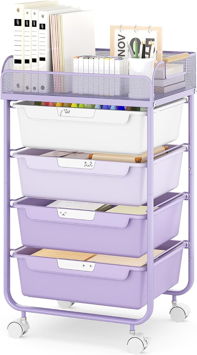 SYKIARIOL 4-Drawer Rolling Storage Cart with Mesh Top, Utility Craft Organizer Cart on Wheels with DIY Labels, Rolling Drawer Cart for Home Office Classroom Bedroom, Purple